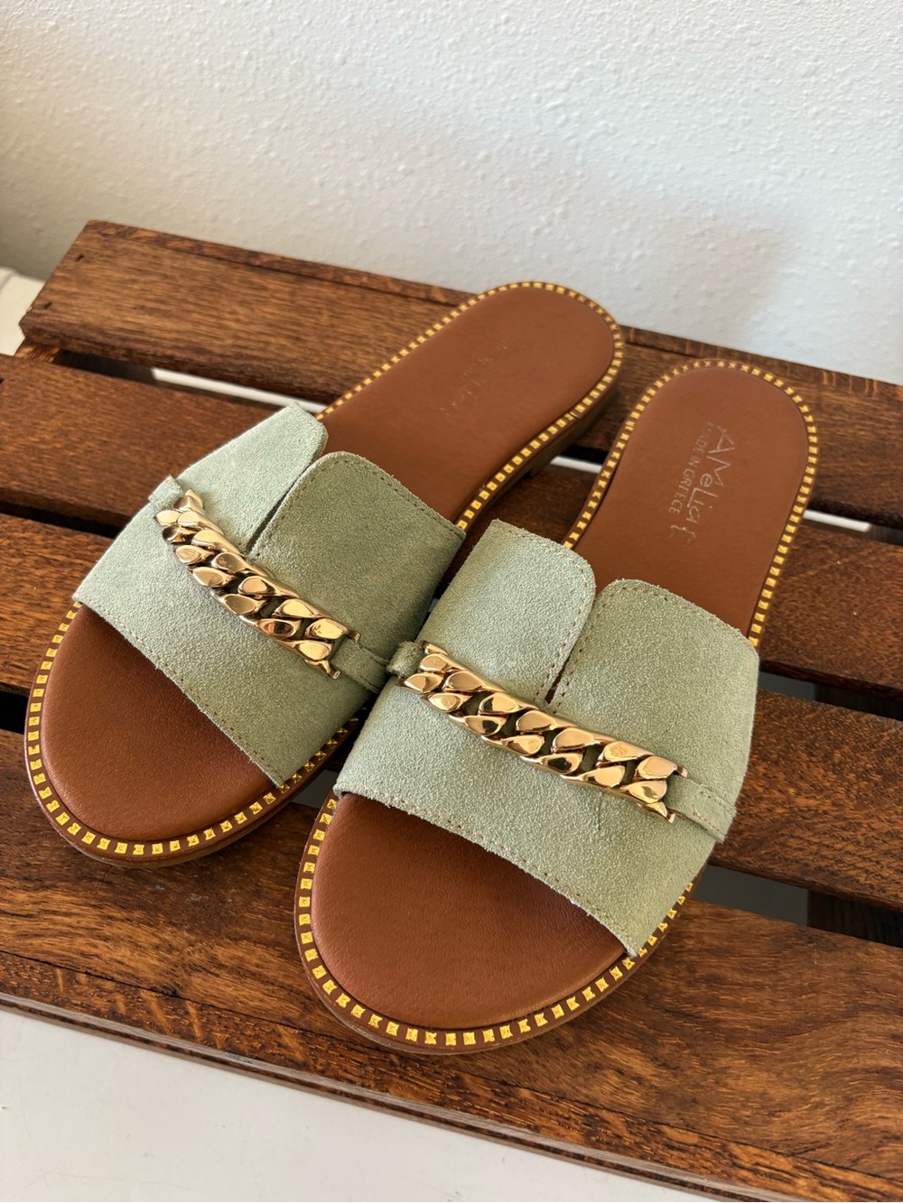 Amelia Made in Greece Suede Gold Chain Slide Sandals Green EU 39 Womens 8 8.5